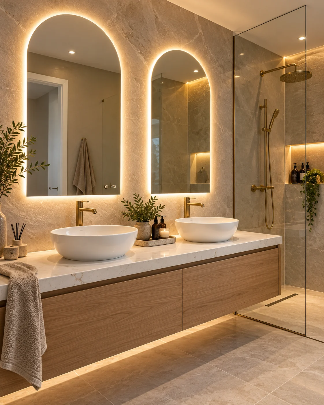 Double vanity with two basins and illuminated mirrors.